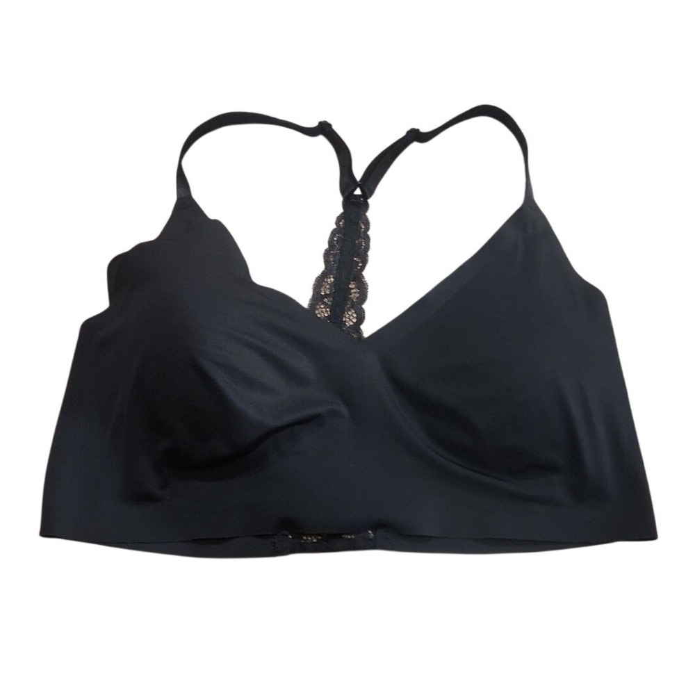 True & Co Black Stretch Racerback Lace Boost Plunge Bra Large Adjustable Padded